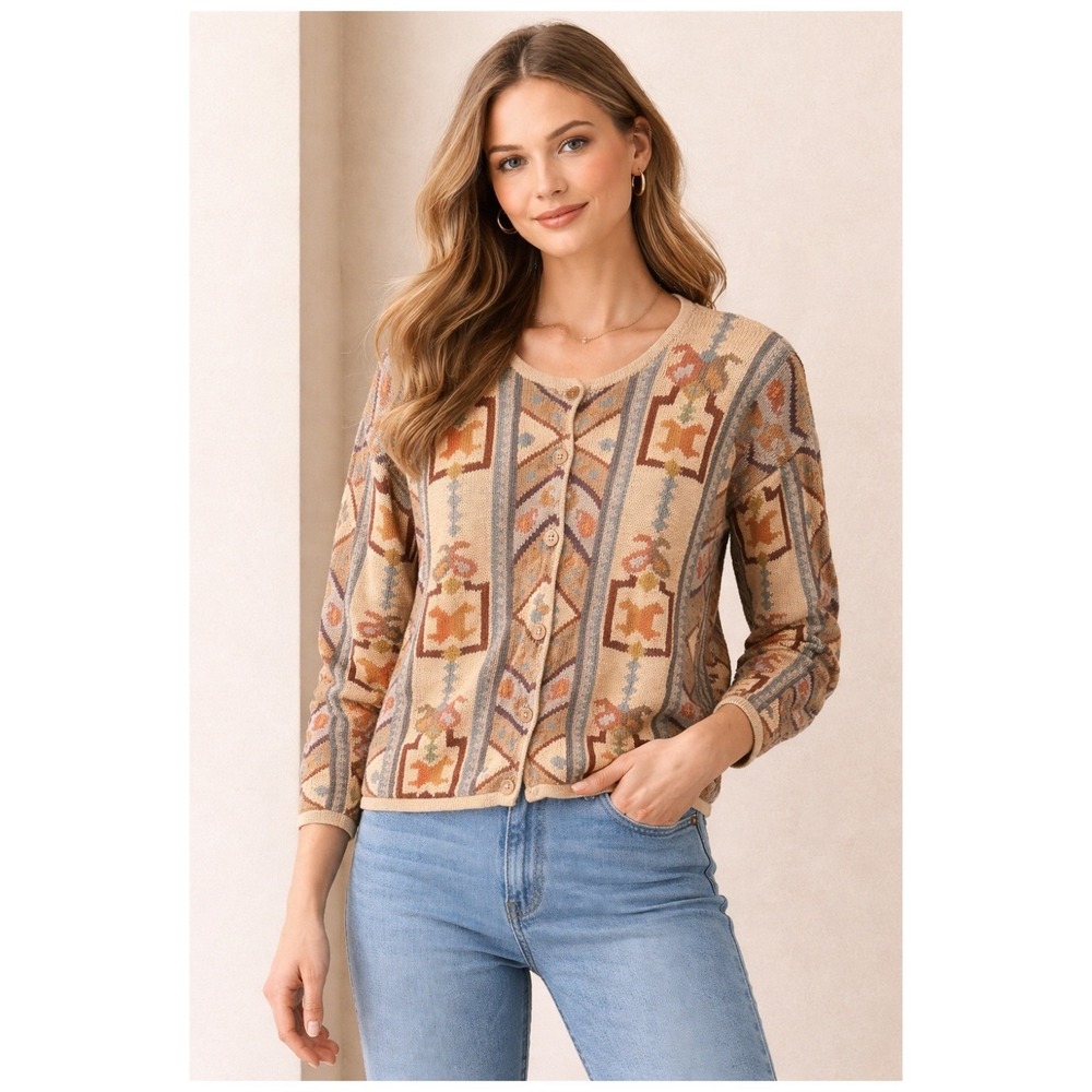 Vintage PERUVIAN CONNECTION Cardigan 90s Tan Boho‎ Knit Pima Cotton Womens XL